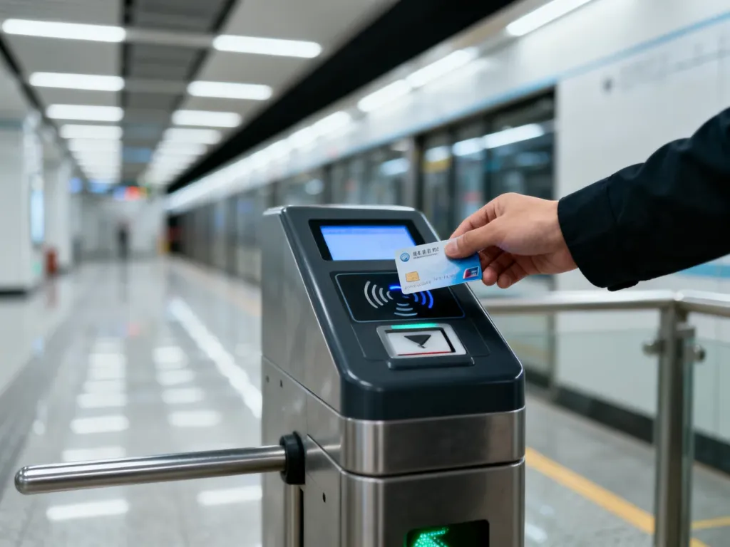 Dłoń zbliżająca kartę miejską do czytnika biletów na stacji metra w Warszawie.