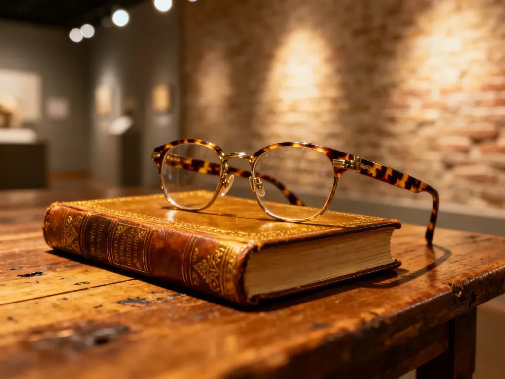 Zabytkowy notatnik i okulary na drewnianym stole, budujące nastrojowy klimat sprzyjający refleksji nad historią.