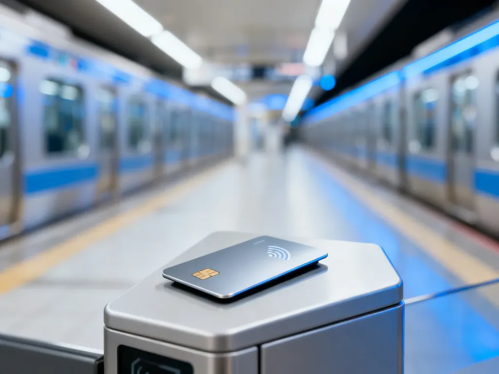 Zbliżenie na kartę zbliżeniową przykładaną do czytnika biletów w tokijskim metrze, ilustrujące sposób płatności za przejazd.