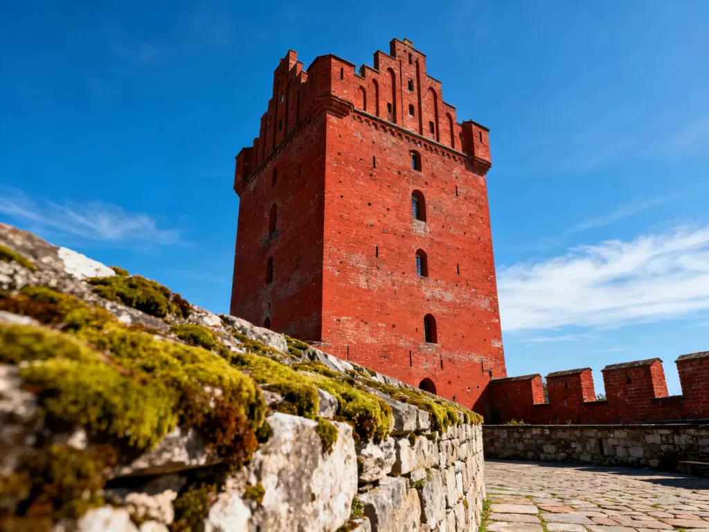 Majestatyczna wieża Zamku w Malborku wznosząca się na tle bezchmurnego nieba. Widok z dołu podkreślający architekturę budowli.