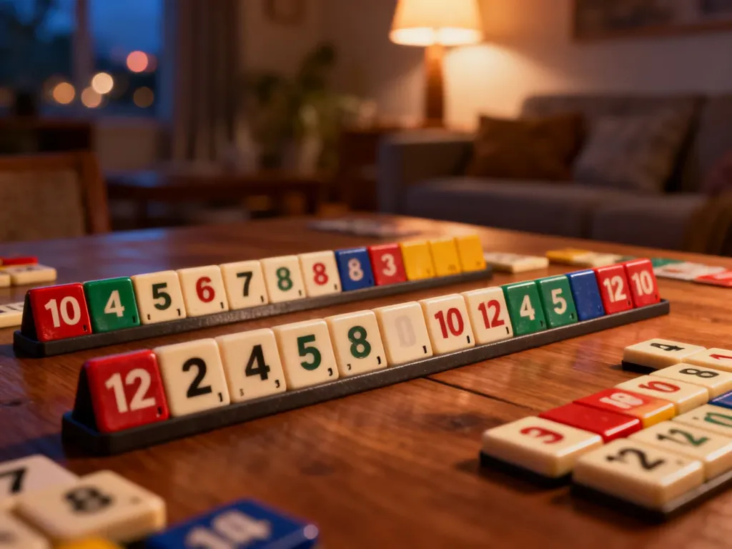 Kolorowe płytki Rummikub ułożone w sekwencje na drewnianym stole w przytulnym, wieczornym wnętrzu.