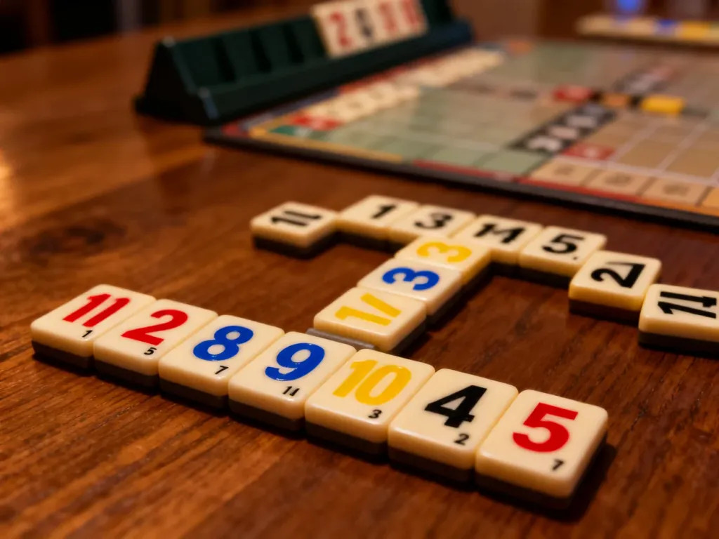 Kolorowe płytki Rummikub ułożone w sekwencje na drewnianym stole, gotowe do rozpoczęcia rozgrywki.