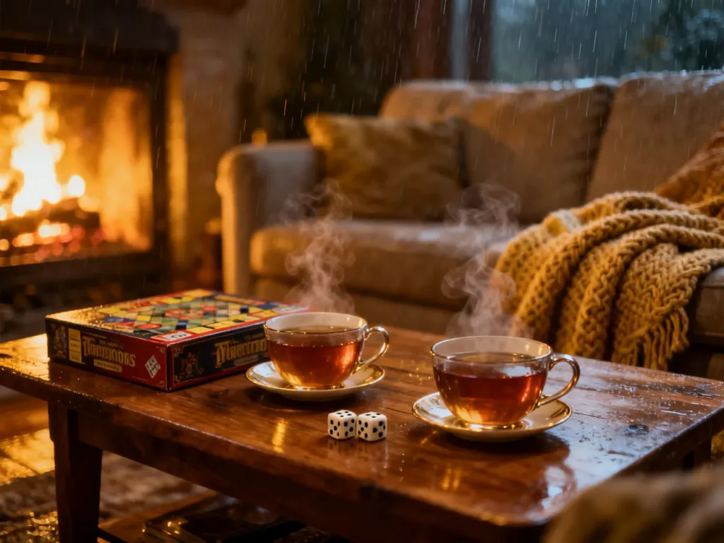 Przytulny salon z planszówką i parującą herbatą, tworzący idealną atmosferę na wspólny wieczór dla par.