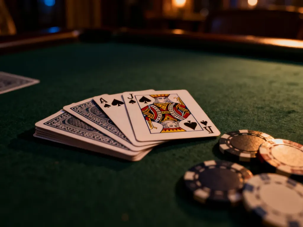 Karty do pokera ułożone w poker królewski na zielonym stole z żetonami, tworzące atmosferę profesjonalnej rozgrywki.