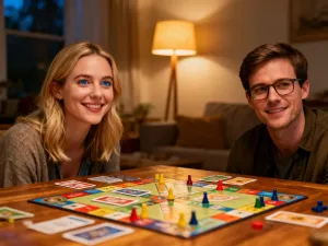 Drewniane płytki do gry w Scrabble ułożone w słowo „PLAY” na eleganckim stole, tworzące przytulny wieczorny klimat.