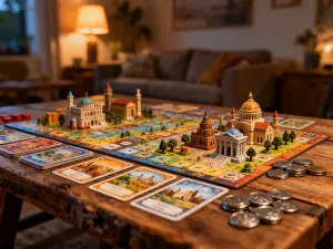 Kolorowe klocki do gry Blokus Shuffle ułożone na drewnianym stole w strategiczny wzór.