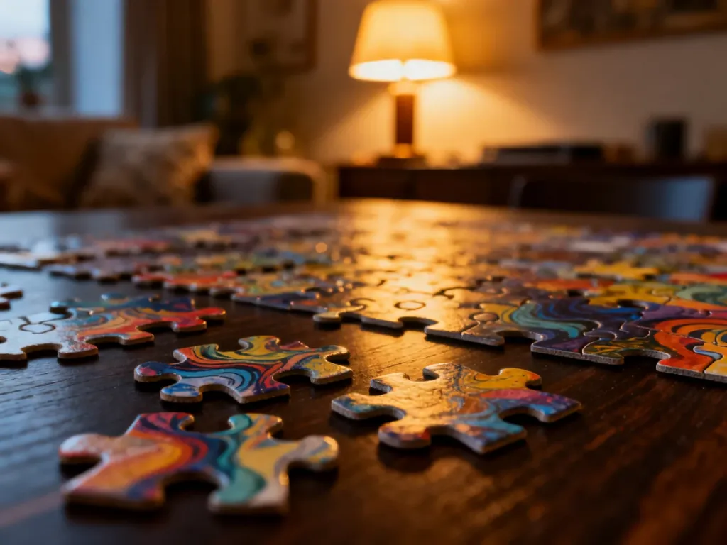 Układane puzzle z abstrakcyjnym wzorem na drewnianym stole w przytulnym, wieczornym wnętrzu.