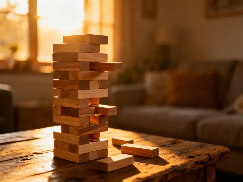 Drewniana wieża Jenga z wyjętymi klockami na rustykalnym stole w ciepłym, słonecznym świetle salonu.