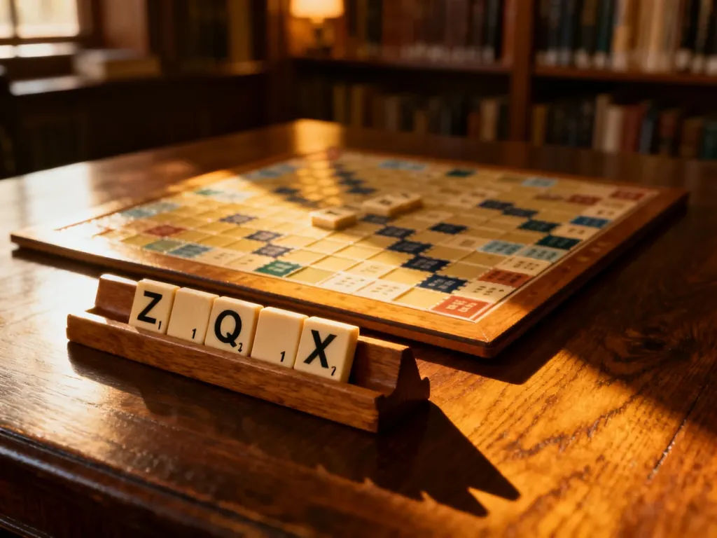 Drewniana plansza do gry w Scrabble na dębowym stole z widocznymi literami o wysokiej punktacji.