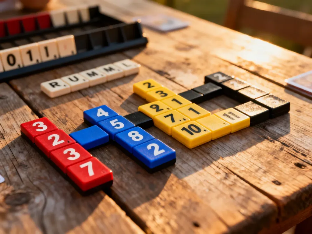 Rozłożone na drewnianym stole płytki do gry Rummikub, ułożone w serie i sekwencje podczas rozgrywki.