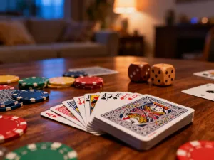Rozłożone na drewnianym stole płytki do gry Rummikub, ułożone w serie i sekwencje podczas rozgrywki.