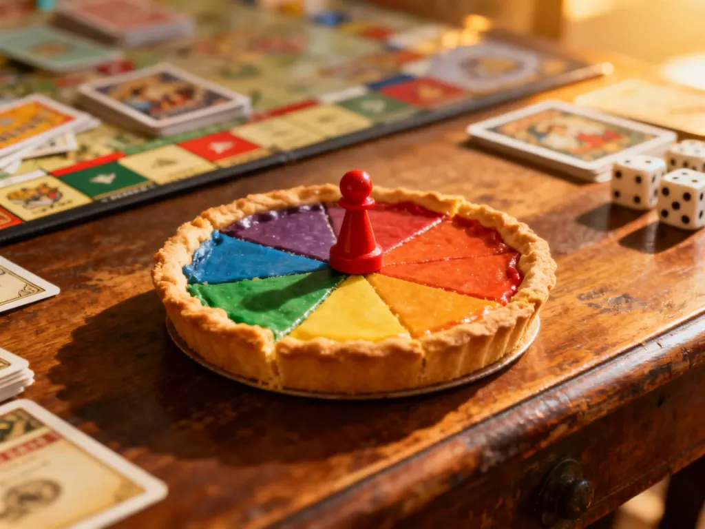 Kolorowy pionek do gry Trivial Pursuit na drewnianym stole, w tle rozmyte karty i kostki do gry.