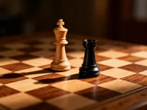 Drewniana wieża Jenga z wyjętymi klockami na rustykalnym stole w ciepłym, słonecznym świetle salonu.