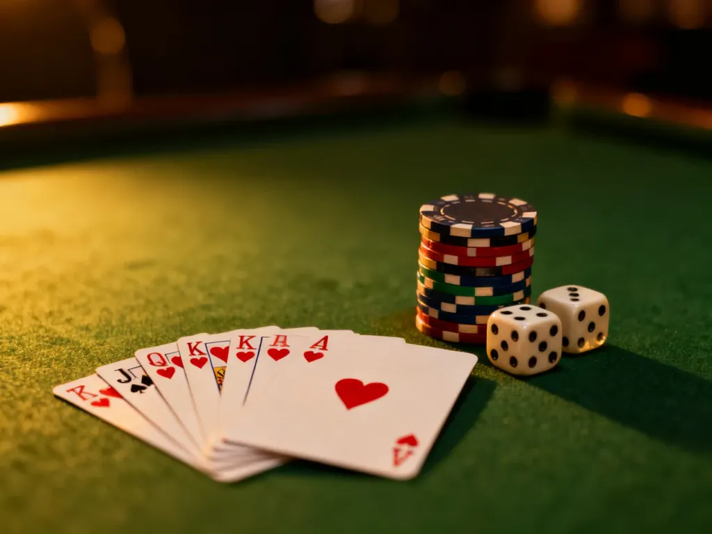 Pokerowy układ królewski w kolorze kier na zielonym stole, obok żetony i kości w klimatycznym oświetleniu kasyna.