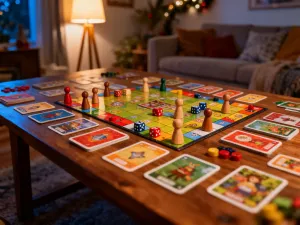 Kolorowe płytki Rummikub ułożone w sekwencje na drewnianym stole, gotowe do rozpoczęcia rozgrywki.