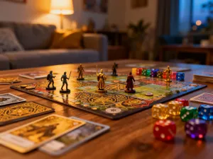 Układane puzzle z abstrakcyjnym wzorem na drewnianym stole w przytulnym, wieczornym wnętrzu.