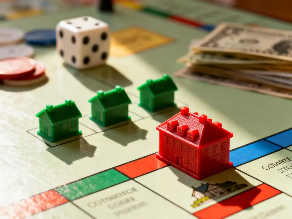 Zielone domki i czerwony hotel ustawione na polach planszy do gry Monopoly w słonecznym świetle.