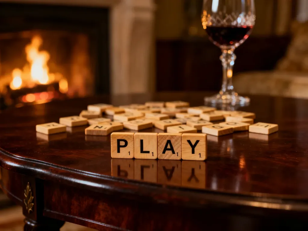 Drewniane płytki do gry w Scrabble ułożone w słowo „PLAY” na eleganckim stole, tworzące przytulny wieczorny klimat.