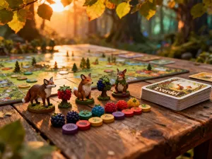 Kolorowe klocki do gry Blokus Shuffle ułożone na drewnianym stole w strategiczny wzór.