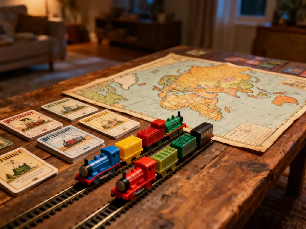 Kolorowe pionki pociągów, karty celów i mapa do gry Ticket to Ride rozłożone na drewnianym stole w przytulnym wnętrzu.