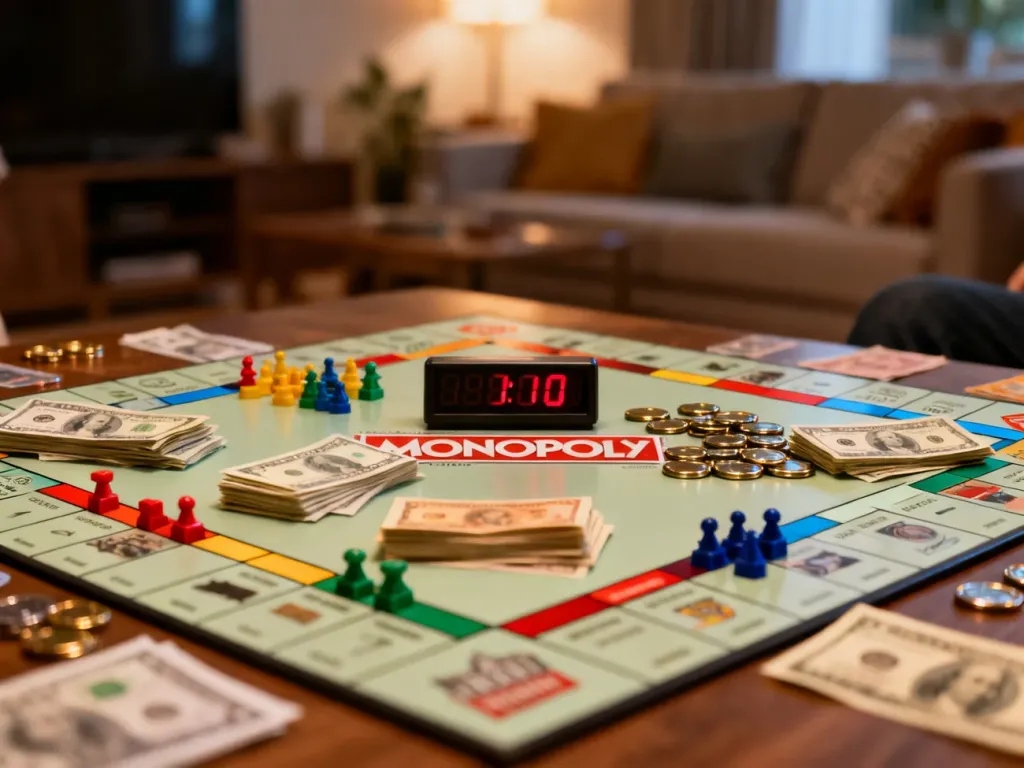 Plansza do gry Monopoly Speed z rozrzuconymi pionkami, pieniędzmi i cyfrowym stoperem odliczającym czas rozgrywki.