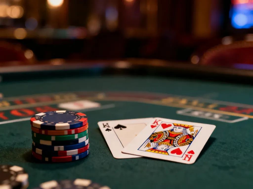 Stół do pokera z żetonami i układem kart poker królewski w luksusowym kasynie.