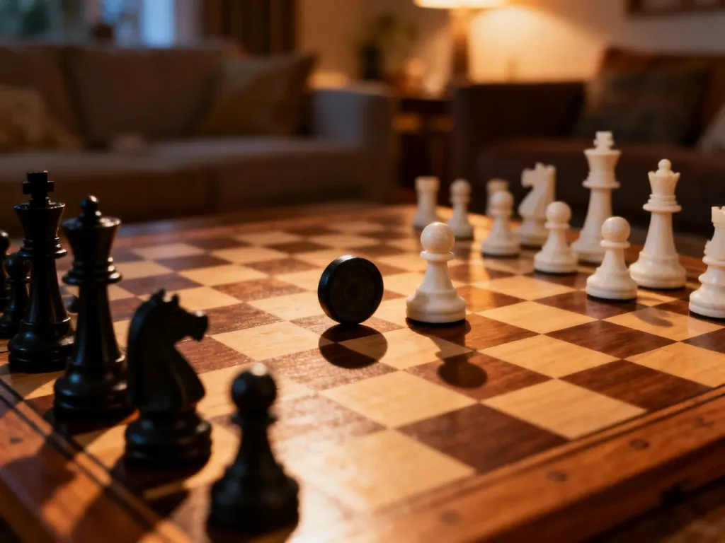 Drewniana plansza do gry w warcaby z ustawionymi pionkami w trakcie strategicznego ruchu zbijania.