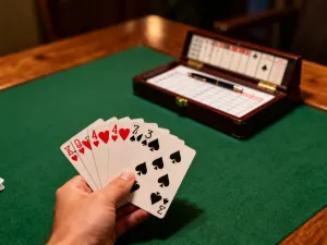 Kolorowe płytki z liczbami ułożone w sekwencje na drewnianym stole podczas przytulnej wieczornej rozgrywki w Rummikub.