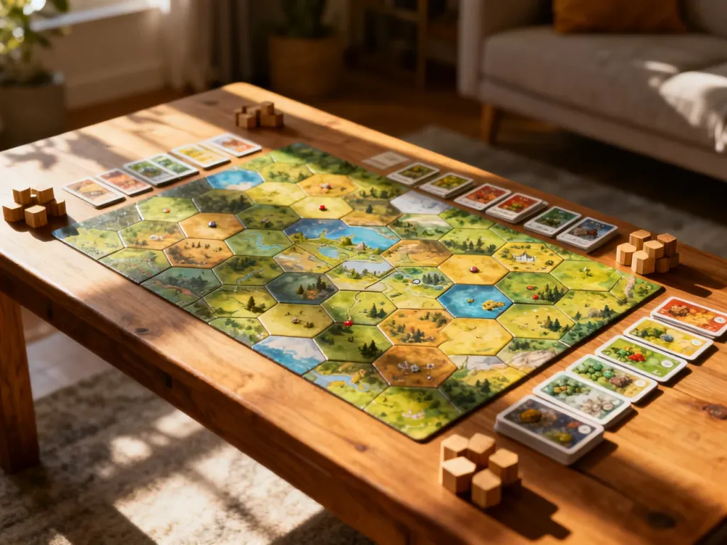 Plansza do gry w Catan z ułożonymi kafelkami terenu, kartami surowców i drewnianymi osadami w przytulnym wnętrzu.
