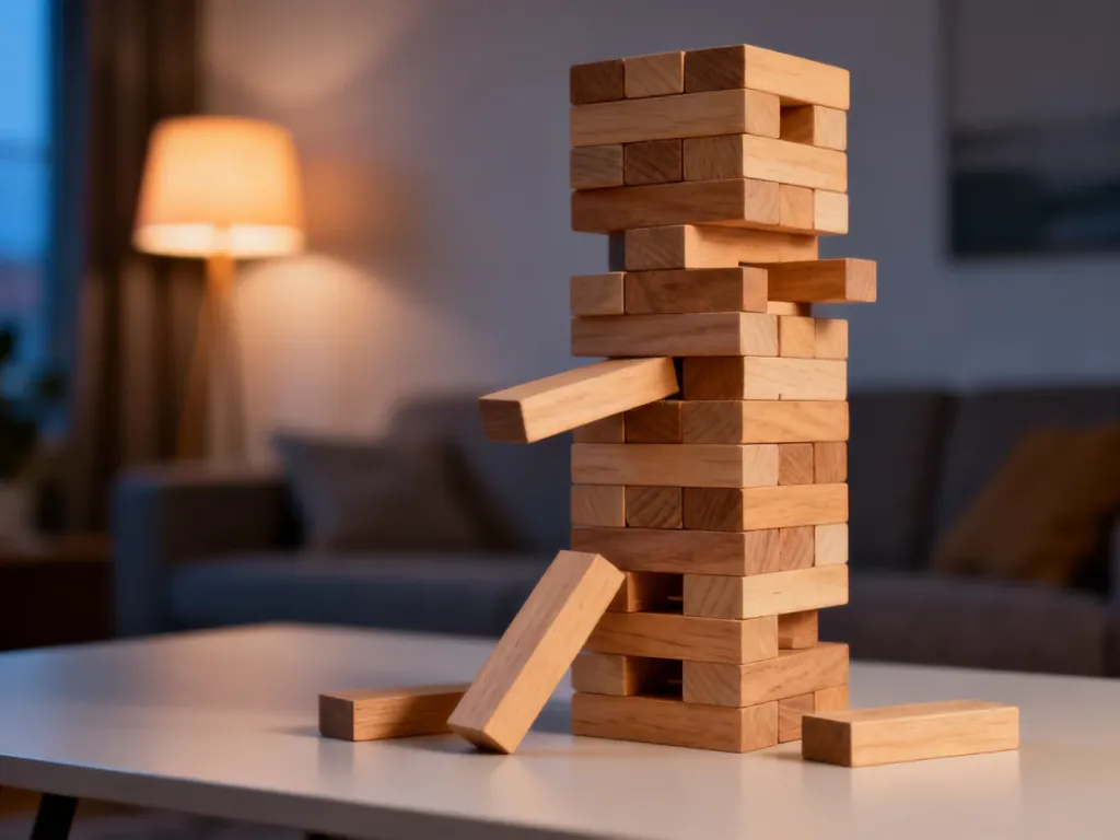 Wieża Jenga z drewnianych klocków na minimalistycznym stole, gotowa do rozpoczęcia rozgrywki.