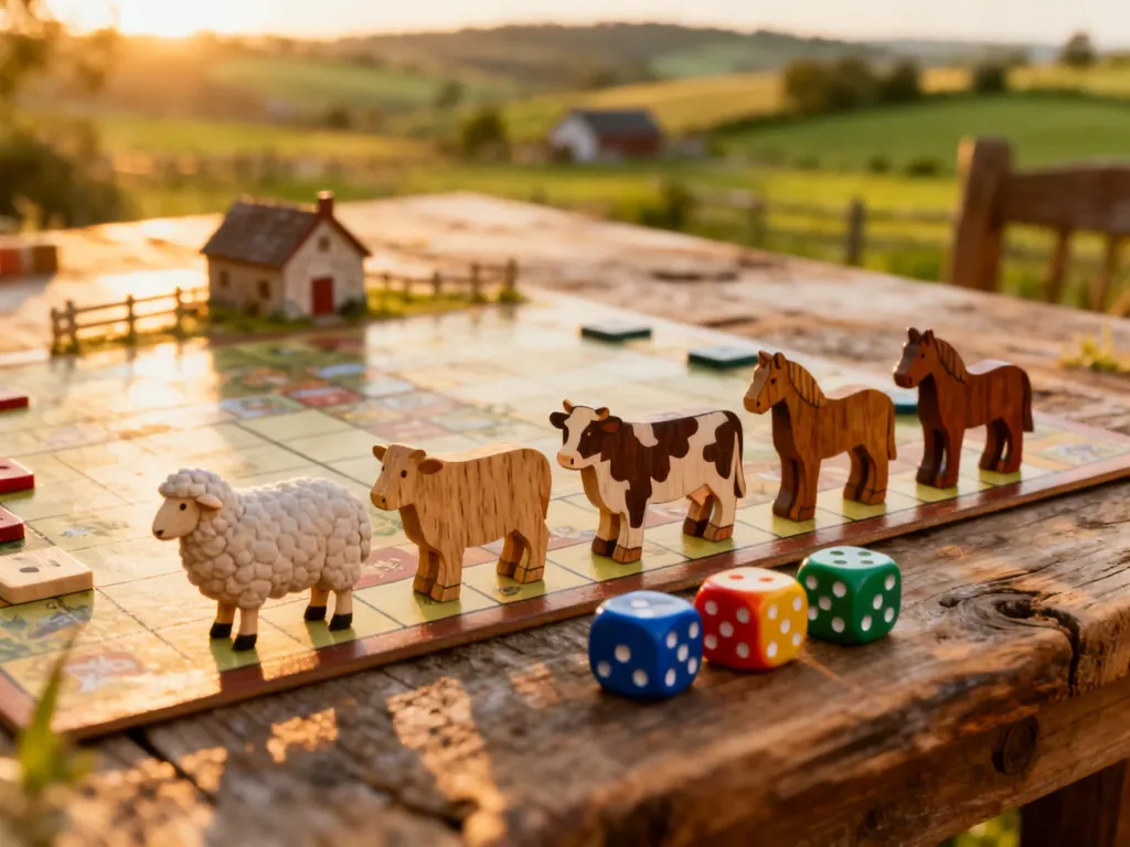 Drewniane figurki zwierząt i kości do gry Super Farmer: Rancho na rustykalnym stole w wiejskim klimacie.