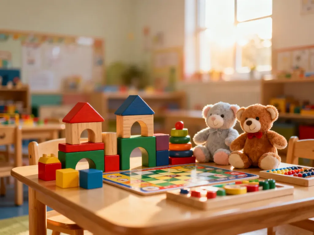 Kolorowe klocki, pluszaki i gry edukacyjne na dziecięcym stoliku w przytulnej sali przedszkolnej.