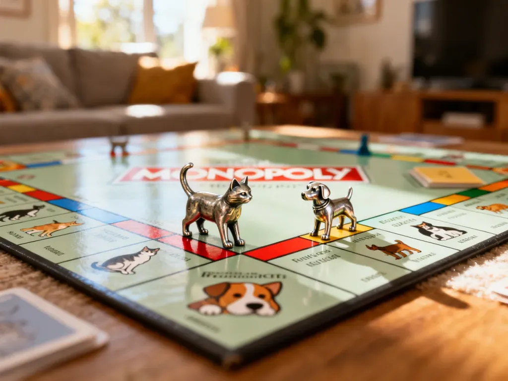 Plansza do gry Monopoly Koty kontra Psy z metalowymi pionkami w kształcie zwierząt na kolorowych polach.