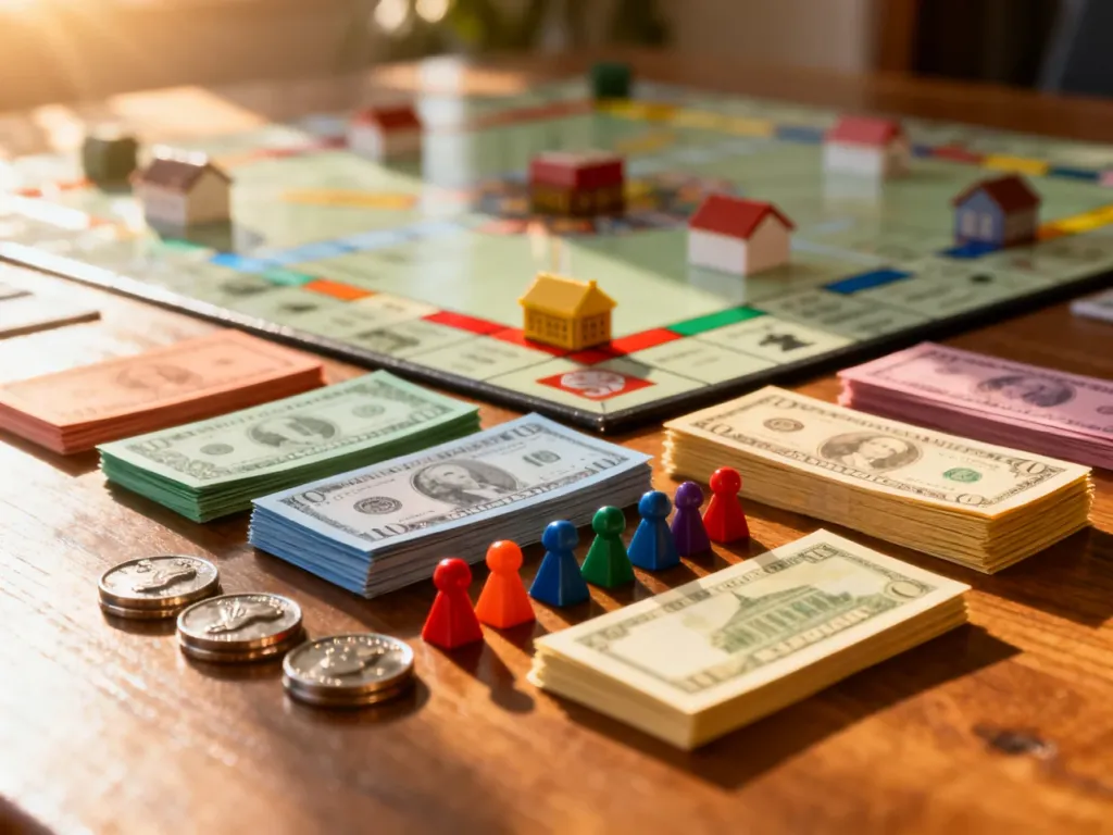 Zestaw do gry w Monopoly z banknotami, pionkami i kartami nieruchomości na drewnianym stole w promieniach słońca.