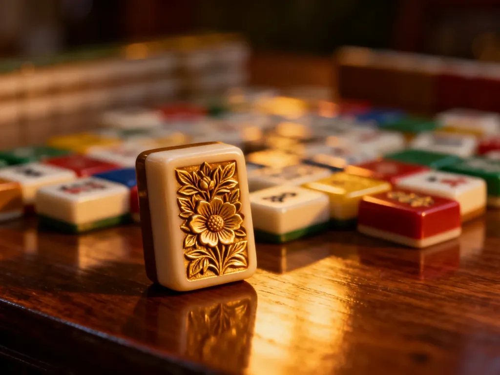 Płytka mahjong z kwiatowym wzorem na drewnianym stole, w tle rozłożone elementy gry w ciepłym oświetleniu.