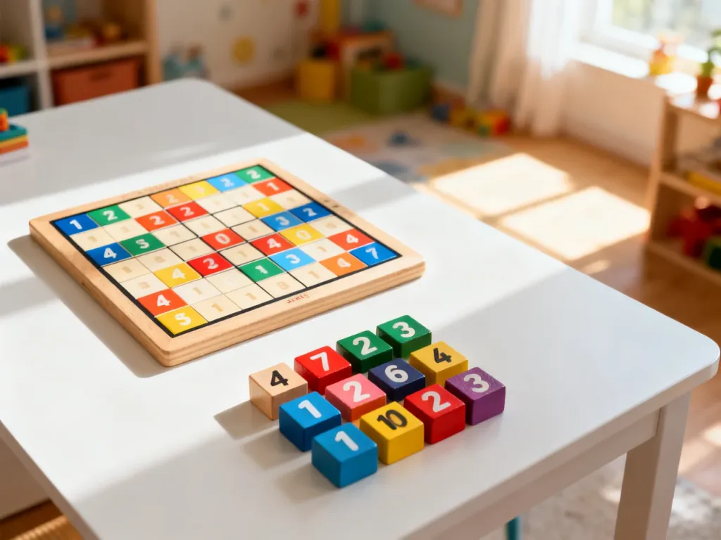 Kolorowa drewniana gra Sudoku z ponumerowanymi klockami na białym biurku, zachęcająca dzieci do nauki logicznego myślenia.