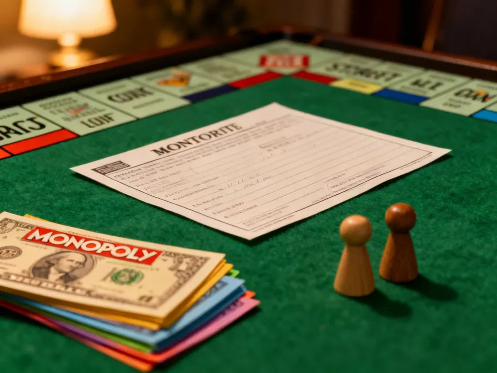 Karta własności nieruchomości, stos banknotów oraz pionki Monopoly na zielonej planszy w klimatycznym oświetleniu.