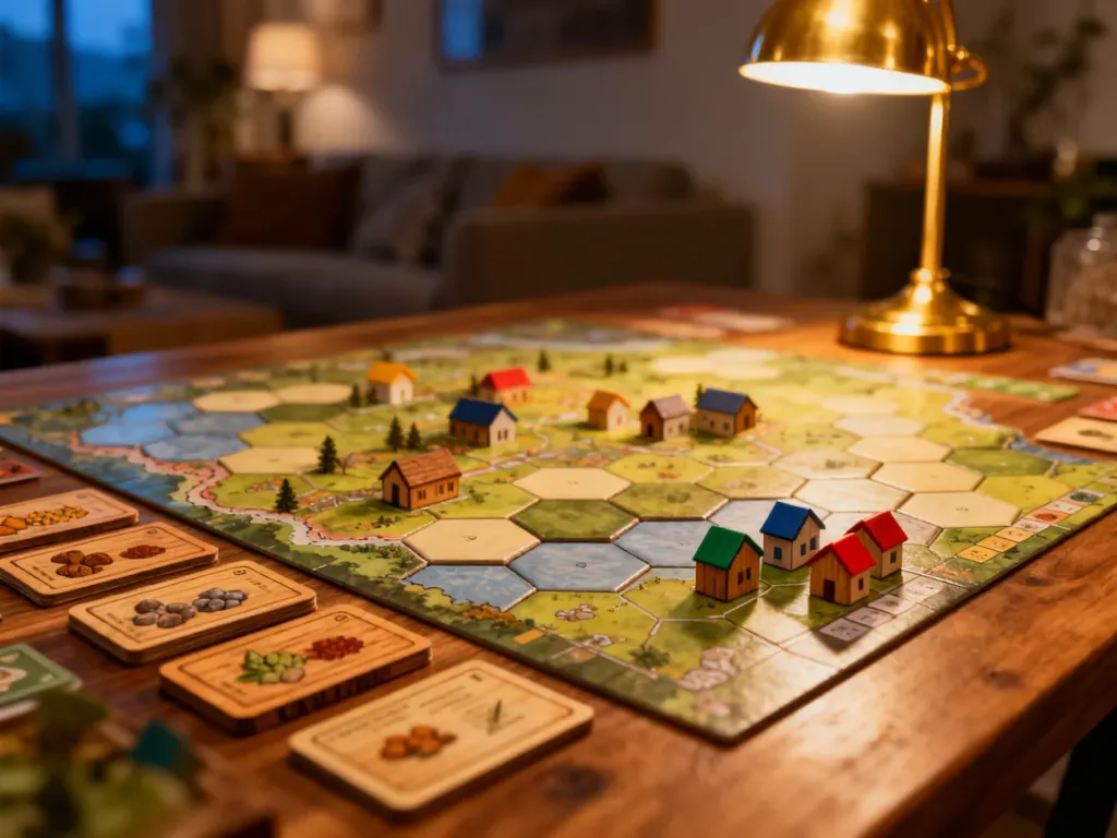 Plansza do gry w Catan z ułożonymi osadami i kartami surowców w przytulnym, wieczornym oświetleniu.