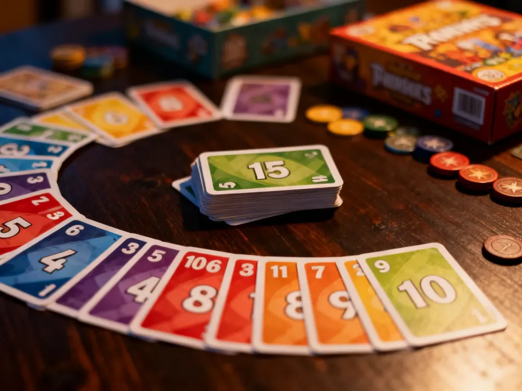 Kolorowe karty do gry Skip-Bo ułożone w rosnącej kolejności na drewnianym stole w przytulnym, wieczornym oświetleniu.
