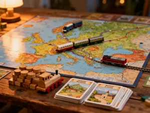Kolorowe pionki, drewniane literki i klepsydra na stole, tworzące przytulną atmosferę gier słownych w salonie.