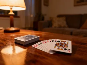 Drewniana plansza do gry w Scrabble na dębowym stole z widocznymi literami o wysokiej punktacji.