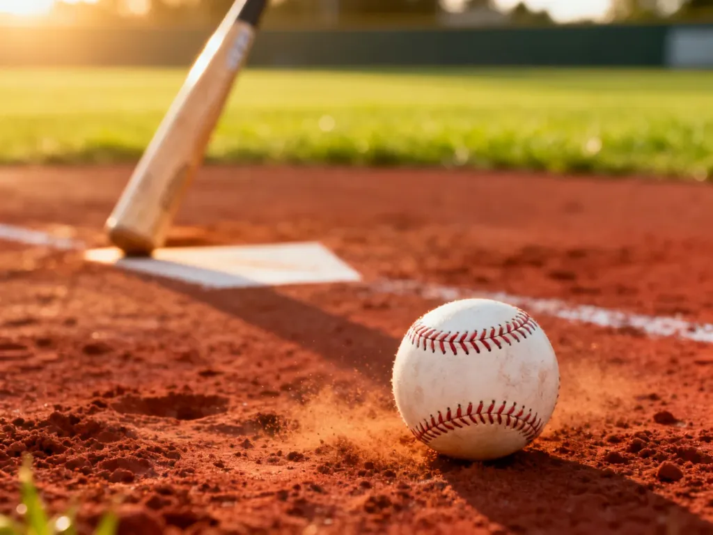 Profesjonalna piłka do baseballu leżąca na piaszczystym boisku w świetle zachodzącego słońca.