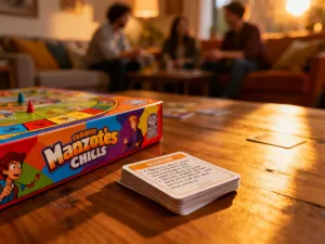 Kolorowe klocki do gry Blokus Shuffle ułożone na drewnianym stole w strategiczny wzór.