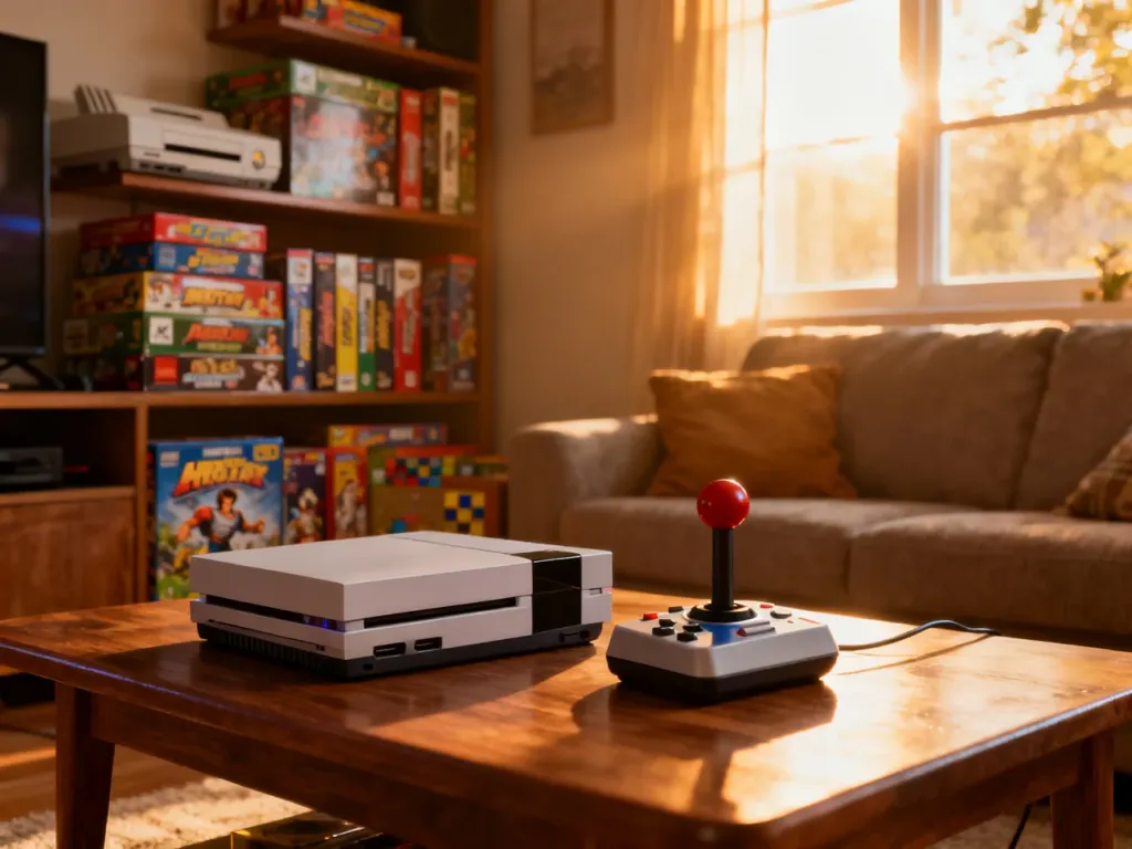 Nowoczesna konsola i klasyczny joystick na stole, symbolizujące połączenie gier retro z nowymi technologiami.