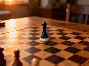 Drewniana plansza do gry w Scrabble na dębowym stole z widocznymi literami o wysokiej punktacji.