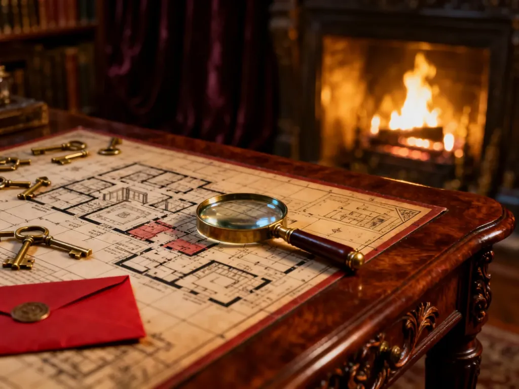 Plansza do gry Cluedo z lupą, kluczami i tajemniczą kopertą na mahoniowym stole w klimatycznym, wiktoriańskim wnętrzu.