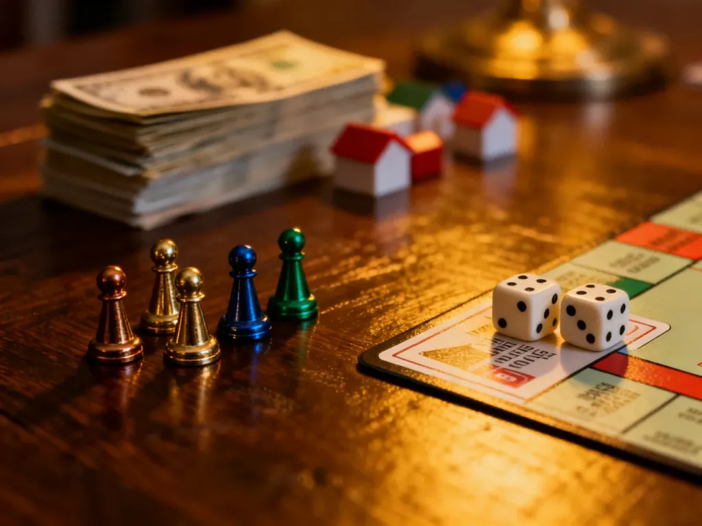 Zbliżenie na planszę do gry Monopoly z pionkami, kośćmi i pieniędzmi na drewnianym stole.