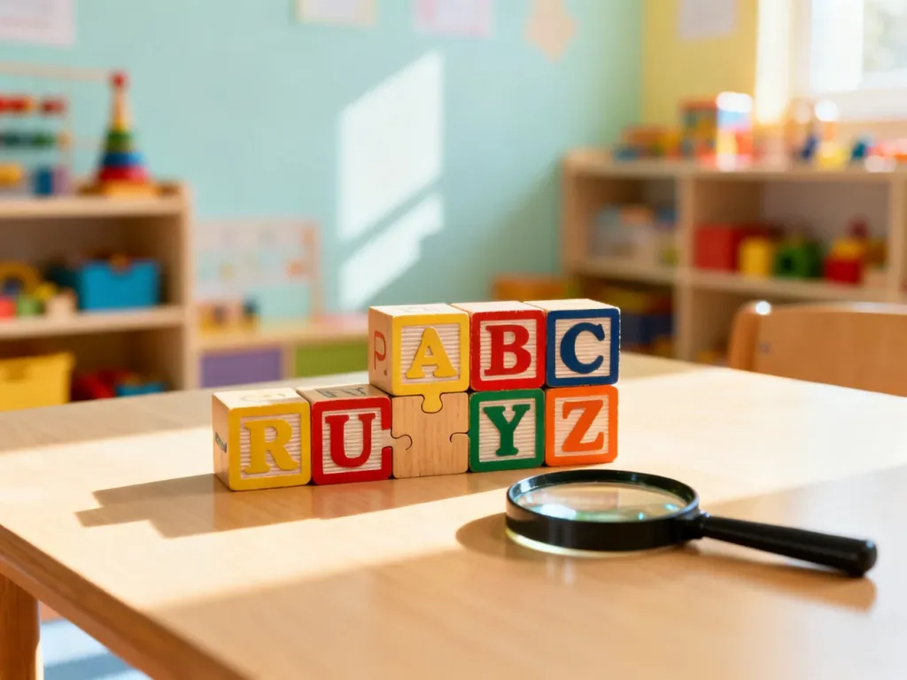 Kolorowe klocki z literami i lupa na drewnianym stole, zachęcające dzieci do zabawy w rozwiązywanie rebusów.