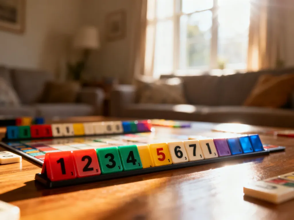 Kolorowe płytki gry Rummikub ułożone na drewnianym stole w przytulnym, słonecznym pokoju.
