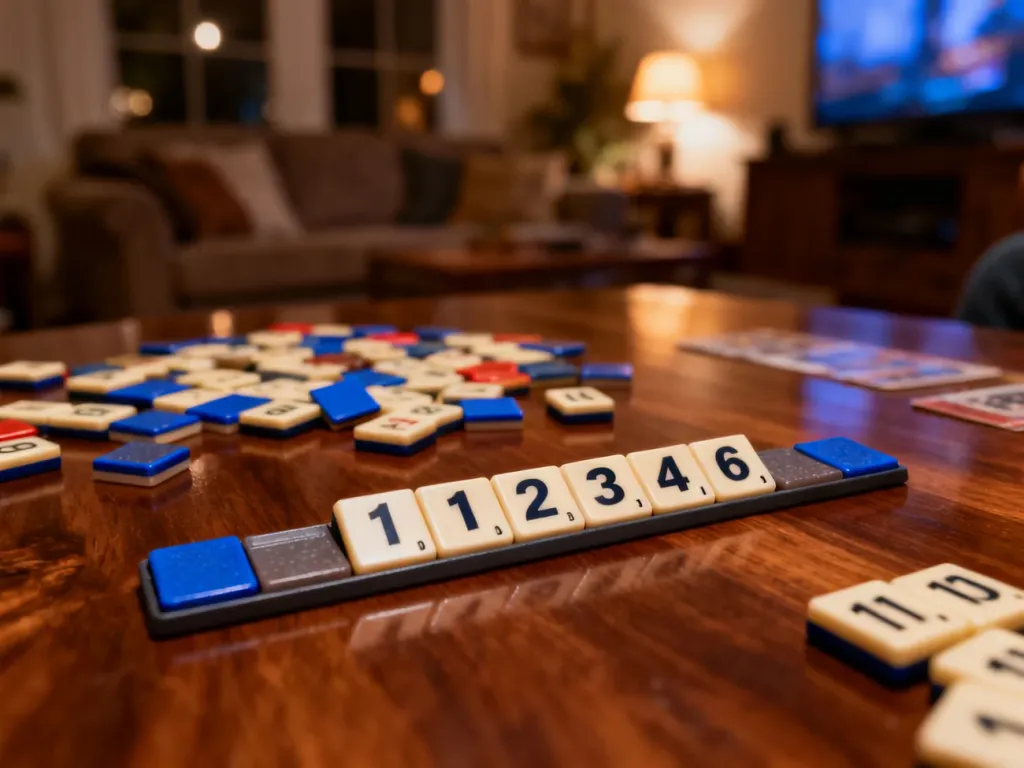 Płytki do gry Rummikub ułożone w zwycięską sekwencję na drewnianym stole w przytulnym, wieczornym wnętrzu.